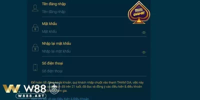 Nhấn vào nút đăng ký W88, điền thông tin cá nhân